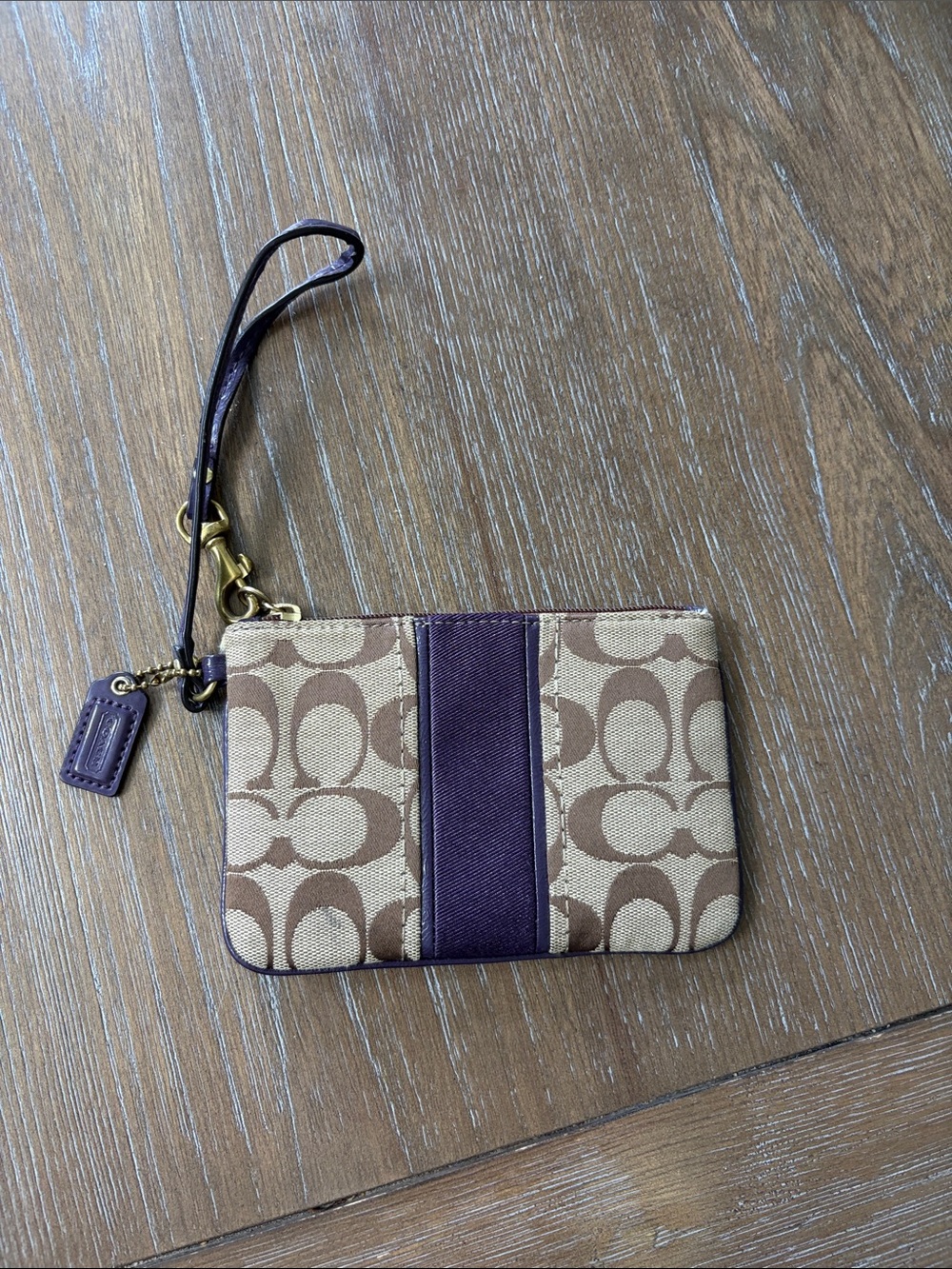 Coach Brown Signature Canvas Wristlet with Purple Leather Stripe